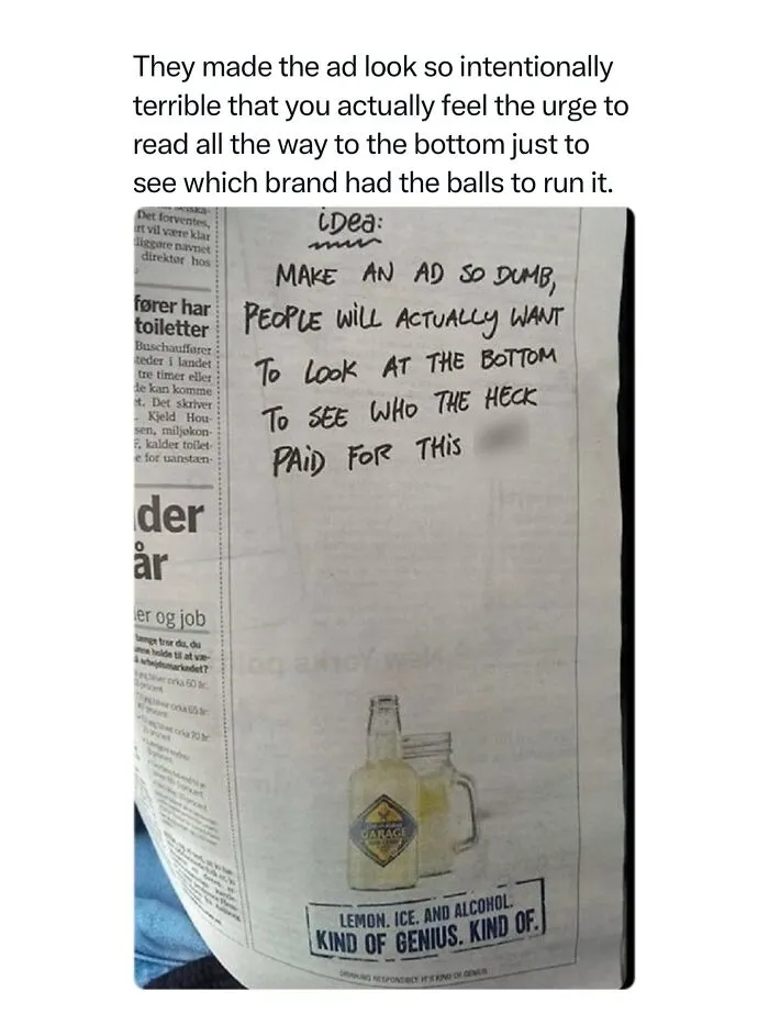 Clever handwritten newspaper print ad for Garage alcoholic drink, demonstrating iconic ad creative design