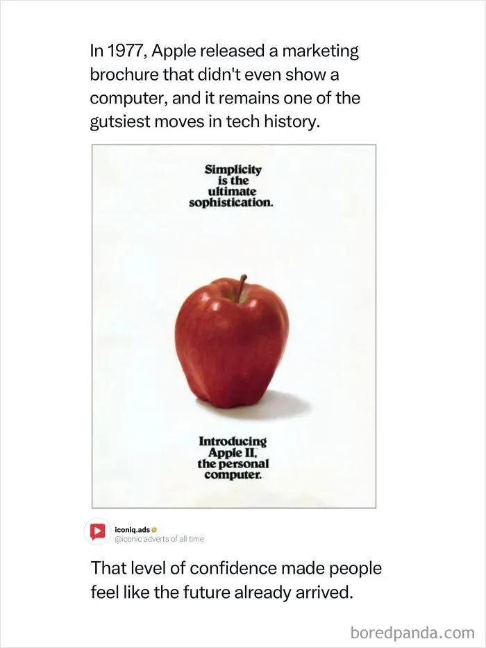 Vintage Apple II marketing brochure showing a red apple as an example of simple and iconic ads.