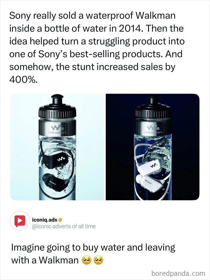 Waterproof Sony Walkman inside water bottles as part of entertaining ads showcasing smart product design.