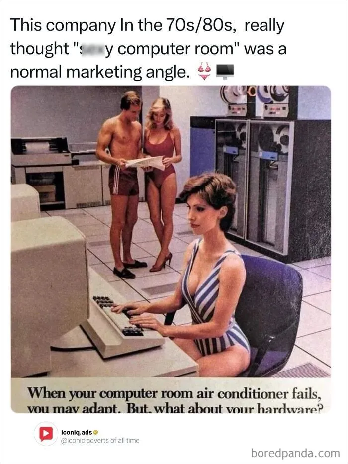Vintage advertisement showing people in swimwear working in a mainframe computer room to highlight air conditioning.