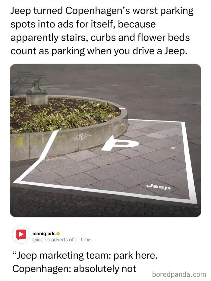 A Jeep marketing campaign in Copenhagen featuring an iconic ad painted over a curb parking spot.