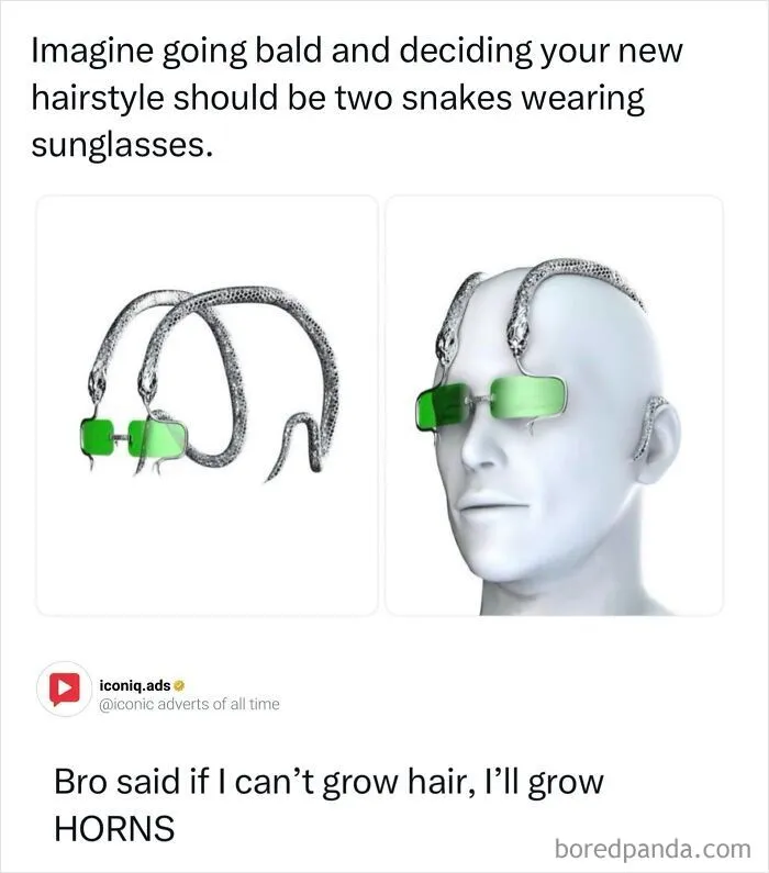Futuristic sunglasses featuring a snake design displayed as entertaining creative advertising.