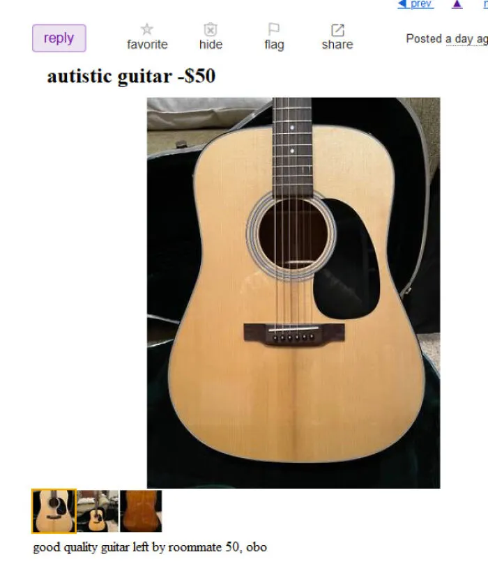 Online ad featuring spelling fails listing an autistic guitar for sale