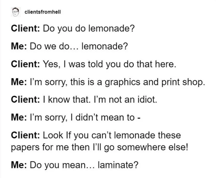 Text conversation showing hilarious spelling fails with lemonade and laminate