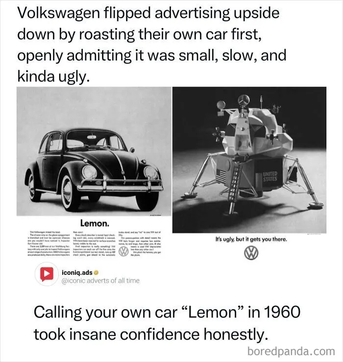 Entertaining and iconic ads featuring classic vintage Volkswagen car and lunar lander print advertisements
