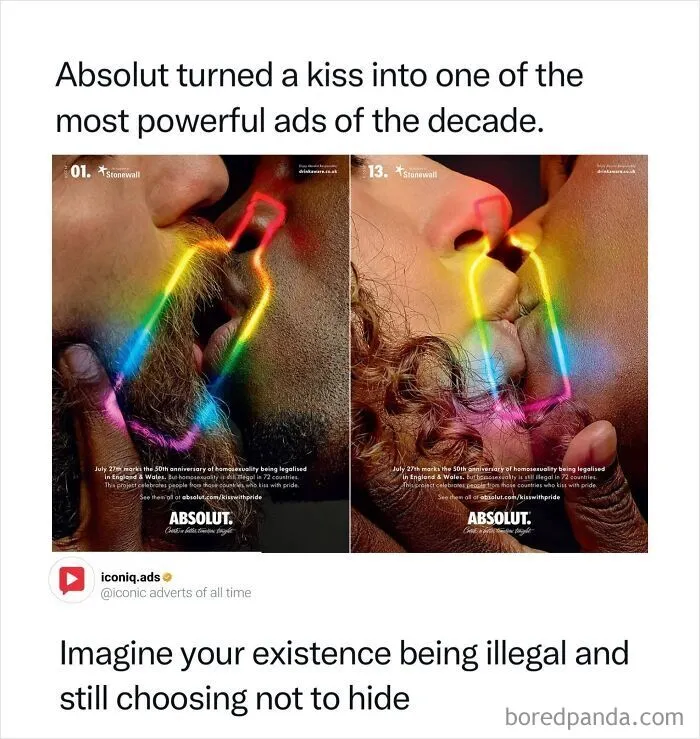 Absolut Vodka print advertisement depicting two people kissing inside a bottle outline for iconic ads.