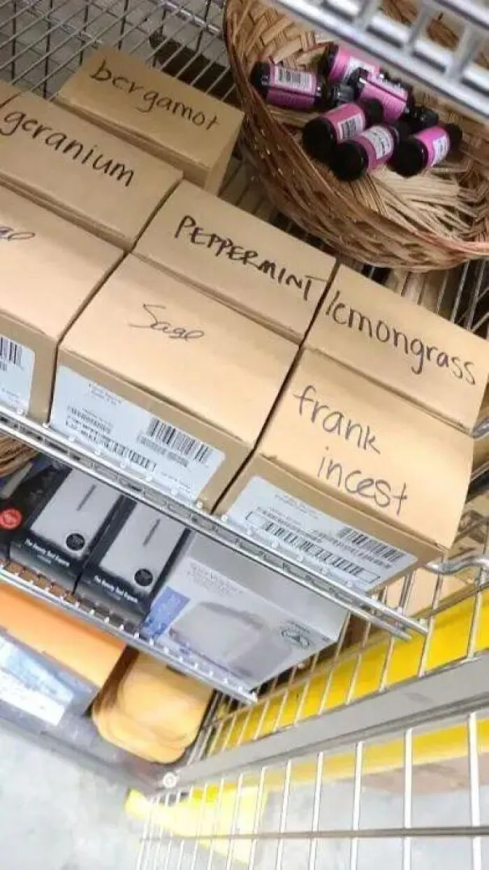 Product box misspelled as frank incest instead of frankincense, representing spelling fails.