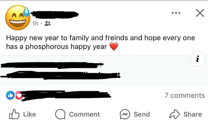 Social media post with a funny spelling fail wishing everyone a phosphorous new year