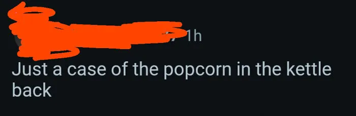 A social media comment reading Just a case of the popcorn in the kettle back, highlighting funny spelling fails.