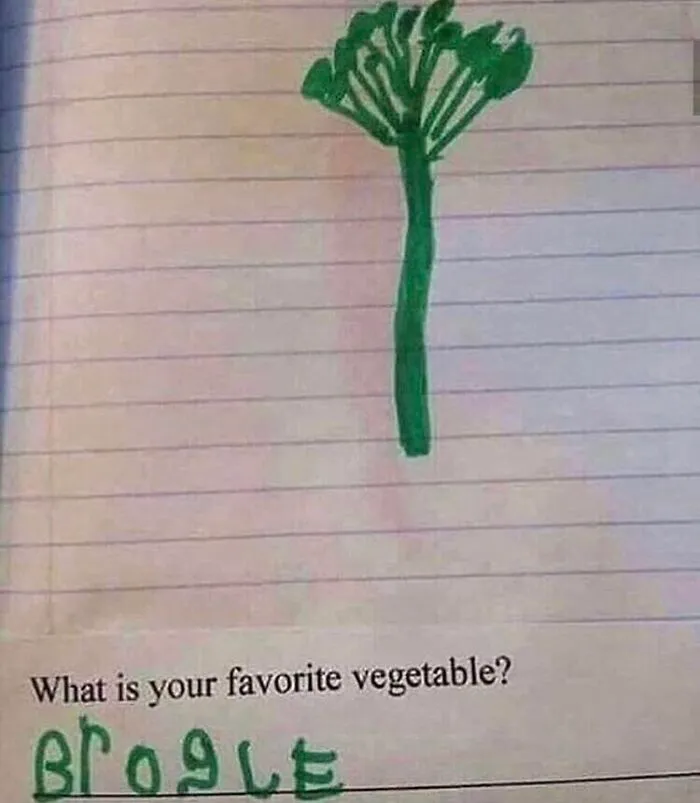 Child schoolwork with spelling fails writing Brogle for broccoli.