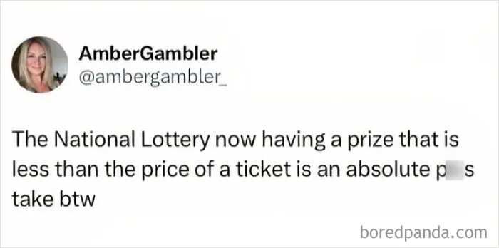 A funny tweet about the National Lottery as part of funny memes about being British.