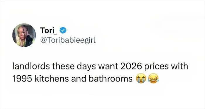 A humorous post from a collection of memes about being British, commenting on high rent and old kitchens.