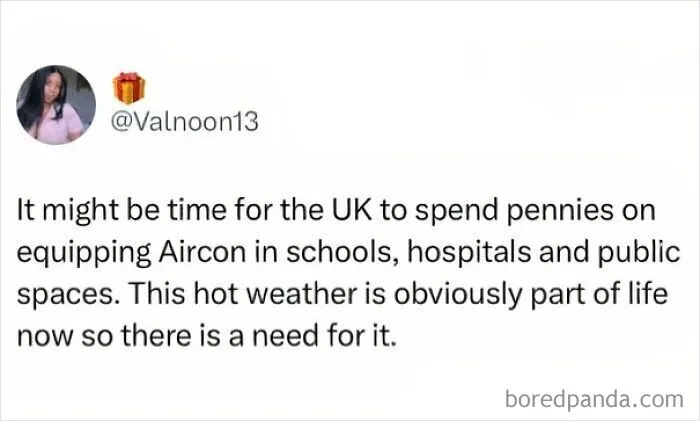 Tweet about UK heatwaves and air conditioning, adding humor to memes about being British