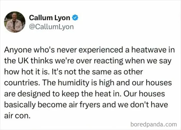 A humorous post explaining UK heatwaves in a collection of memes about being British.