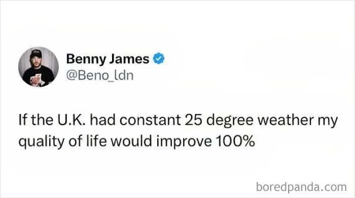 Tweet about wishing for warm UK weather, featured in memes about being British