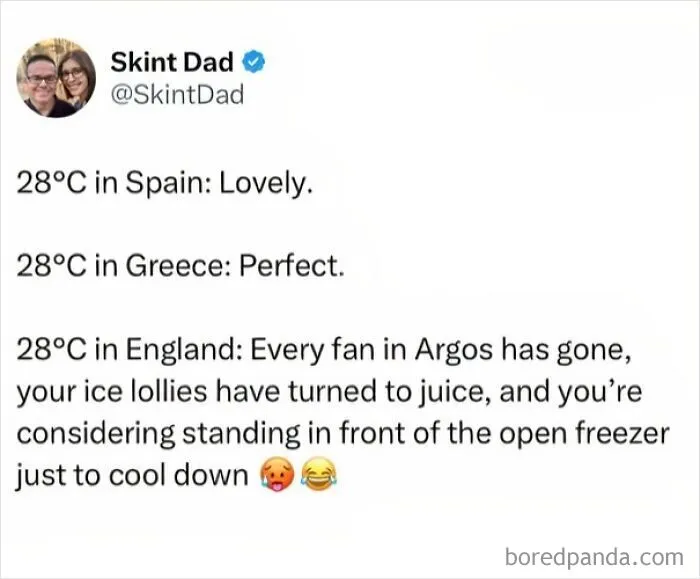 A funny tweet comparing summer temperatures in England for memes about being British.