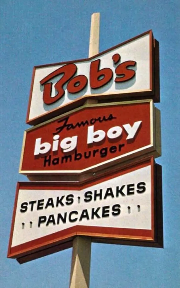 Vintage street sign for Bobs Famous Big Boy Hamburger in old photos of America.