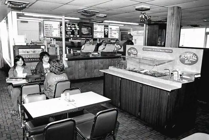 Black and white shot of a classic diner interior from old photos of America.