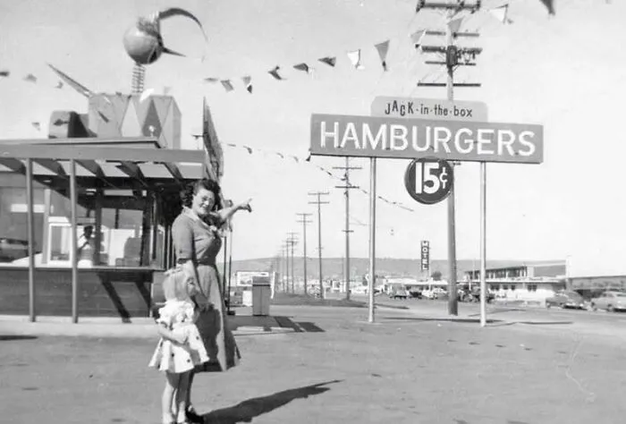 A vintage Jack in the Box fast food restaurant in old photos of America.