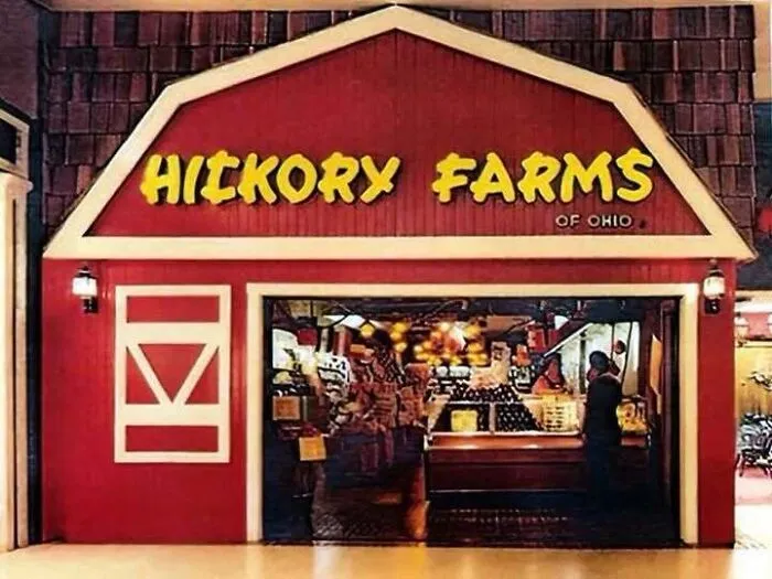 Exterior of a classic red Hickory Farms store from nostalgic old photos of America.