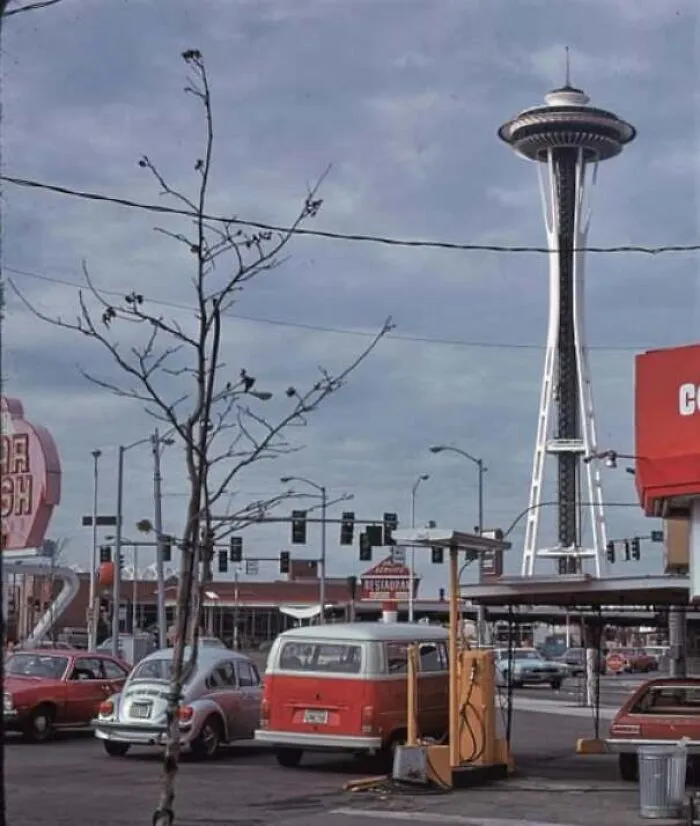 Vintage street view of Seattle Space Needle in an old photo of America
