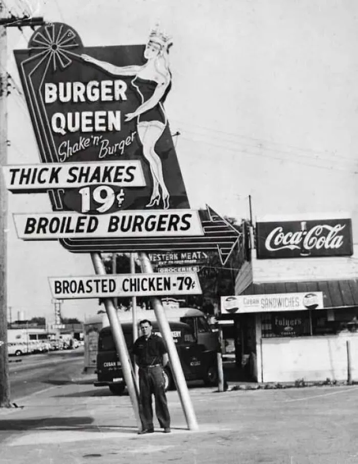 Retro Burger Queen restaurant sign displayed in old photos of America.