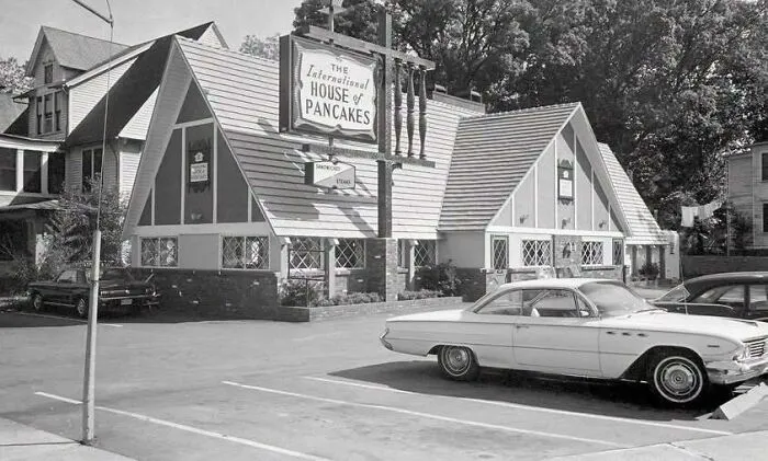 An original IHOP building and classic car captured in old photos of America.