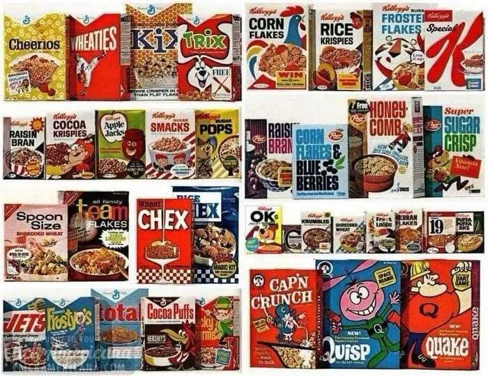 A colorful collection of vintage cereal boxes shown in an old photo of America