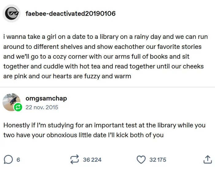 Charming and chaotic Tumblr posts about romantic library dates versus annoyed studying students.