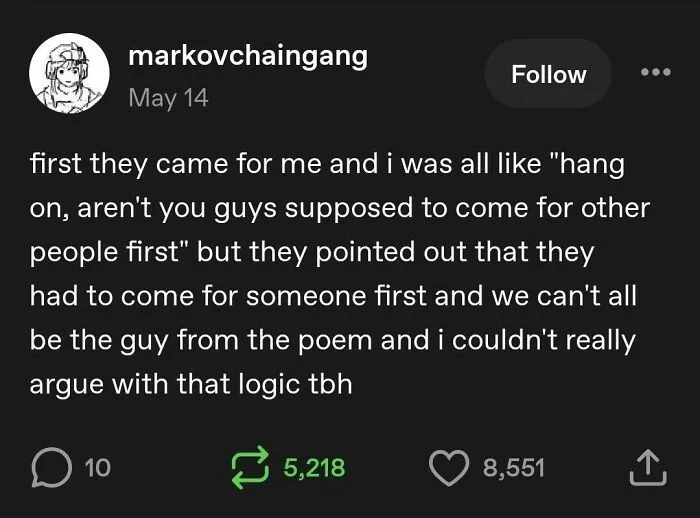 A funny text-based Tumblr post parodying a well-known poem about logic.