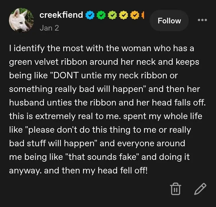 A relatable Tumblr post about the green ribbon horror story.