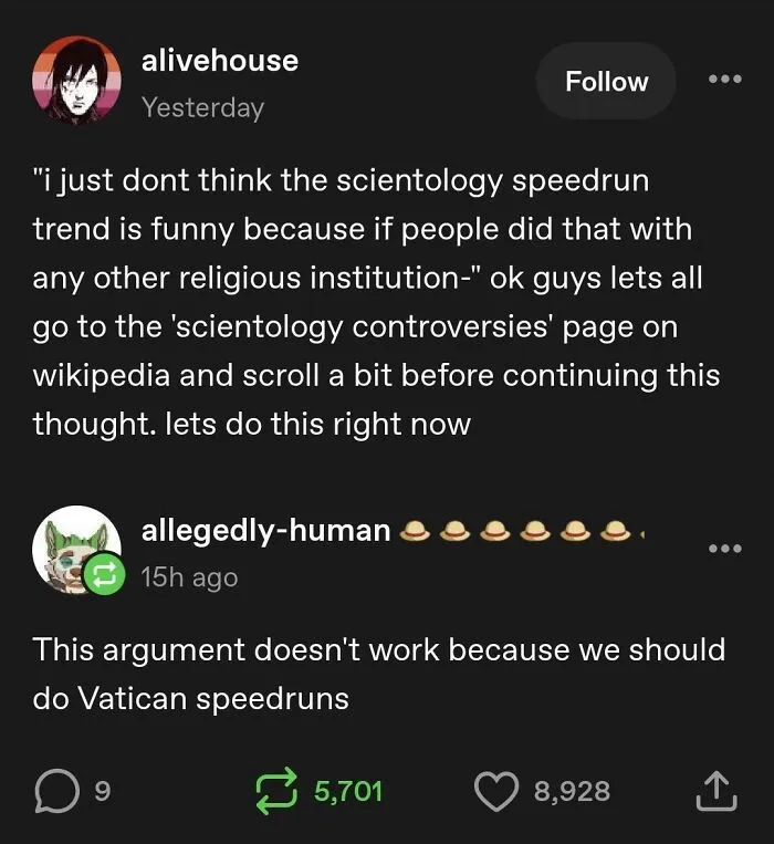 A screenshot of clever Tumblr posts discussing Scientology speedruns and Wikipedia controversies.