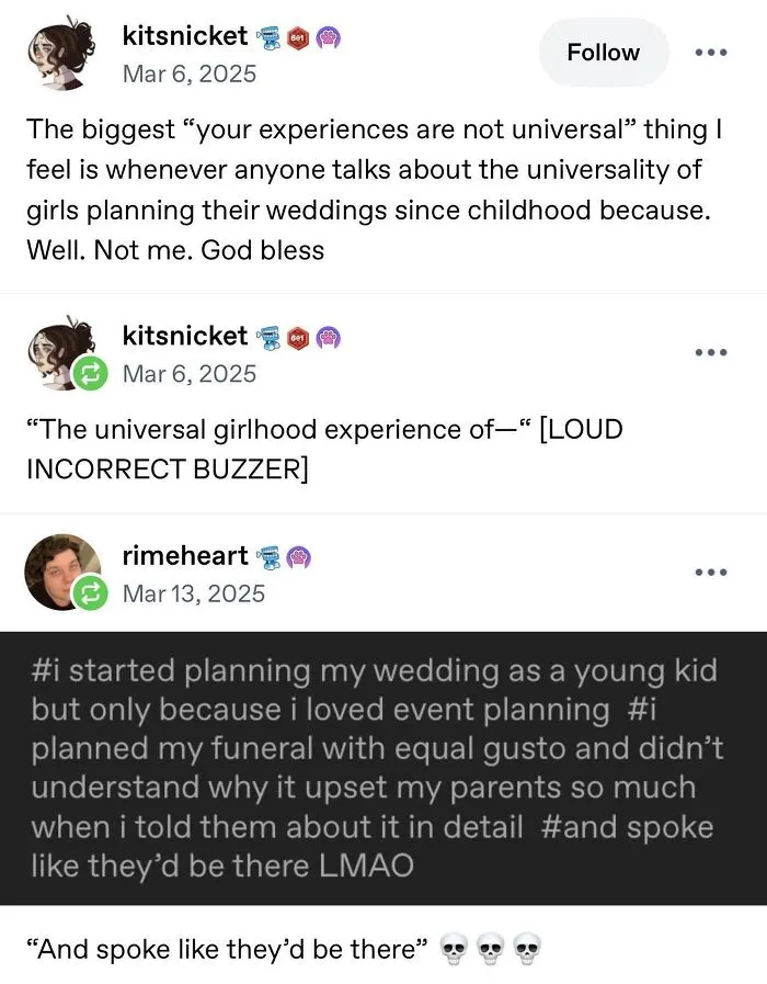 A chaotic Tumblr post discussing wedding and funeral planning experiences.