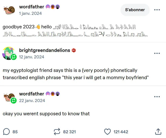 A humorously decoded hieroglyphics string in a clever Tumblr post thread.