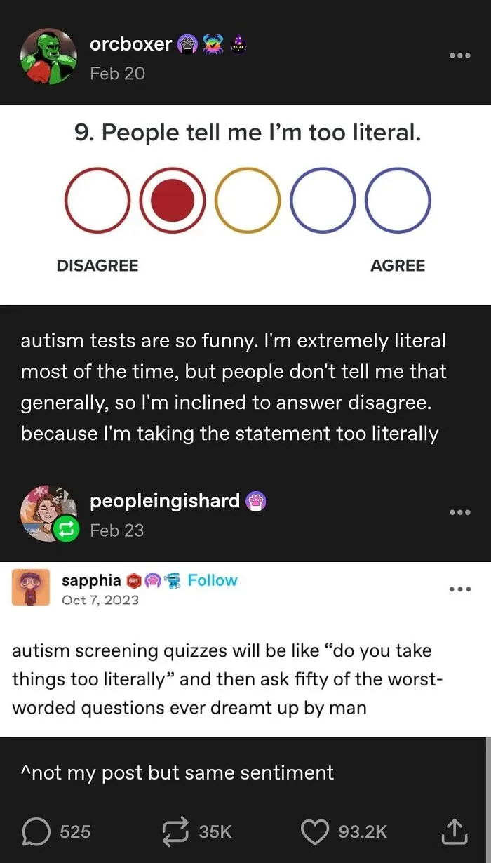 Online quiz screenshot about taking things too literally, shared in a collection of chaotic Tumblr posts.