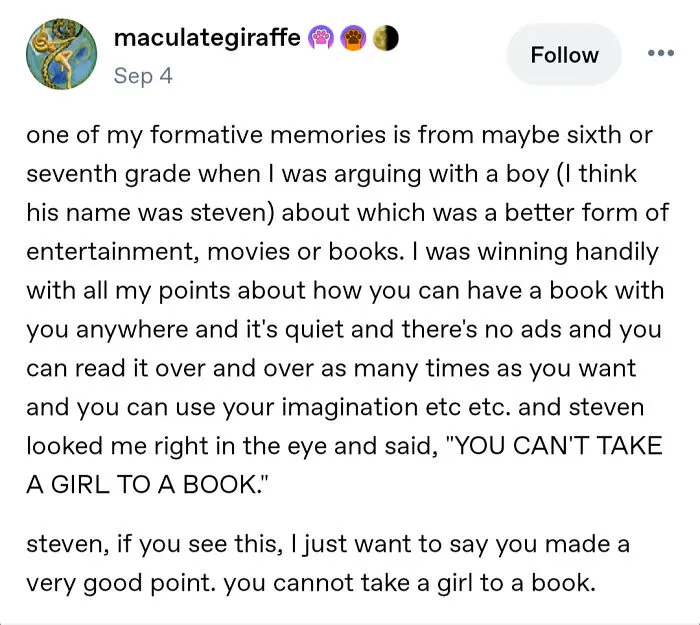 Funny text story about a childhood argument over movies versus books among Tumblr posts.