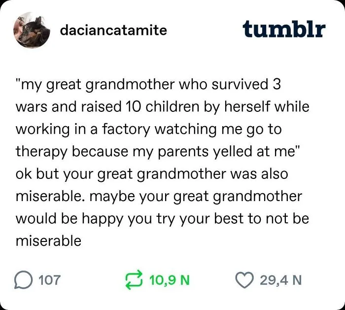 Social media screenshot discussing family trauma and therapy, featured among clever Tumblr posts.