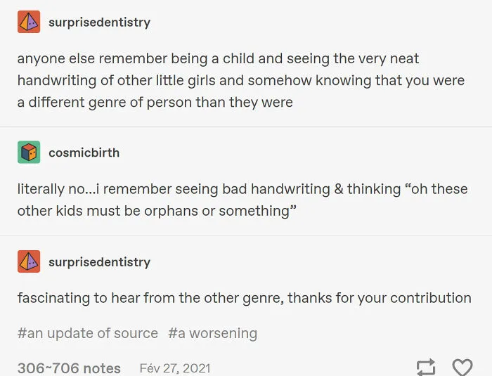 Humorous conversation thread about handwriting styles from classic Tumblr posts online.