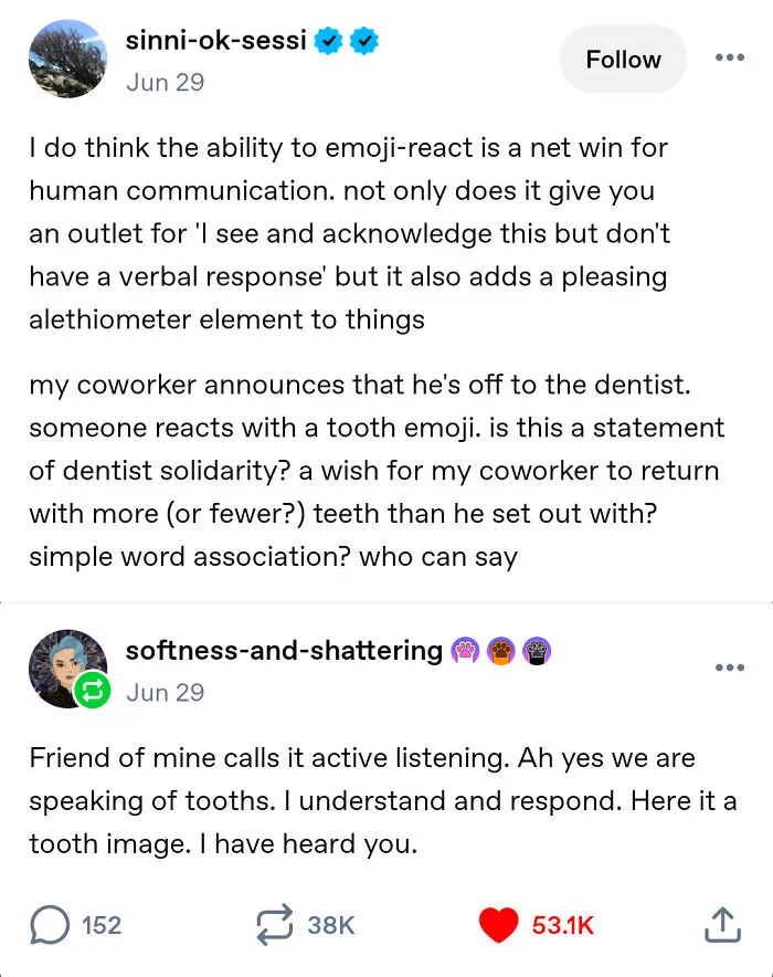 Clever discussion about emoji reactions and modern communication from funny Tumblr posts.
