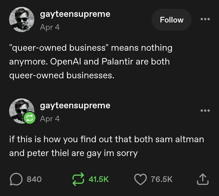 Tumblr posts discussing tech companies OpenAI and Palantir as queer-owned businesses.