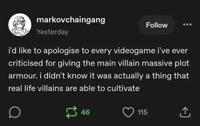 A dark mode text post showcasing clever Tumblr posts about videogame plot armor in real life.