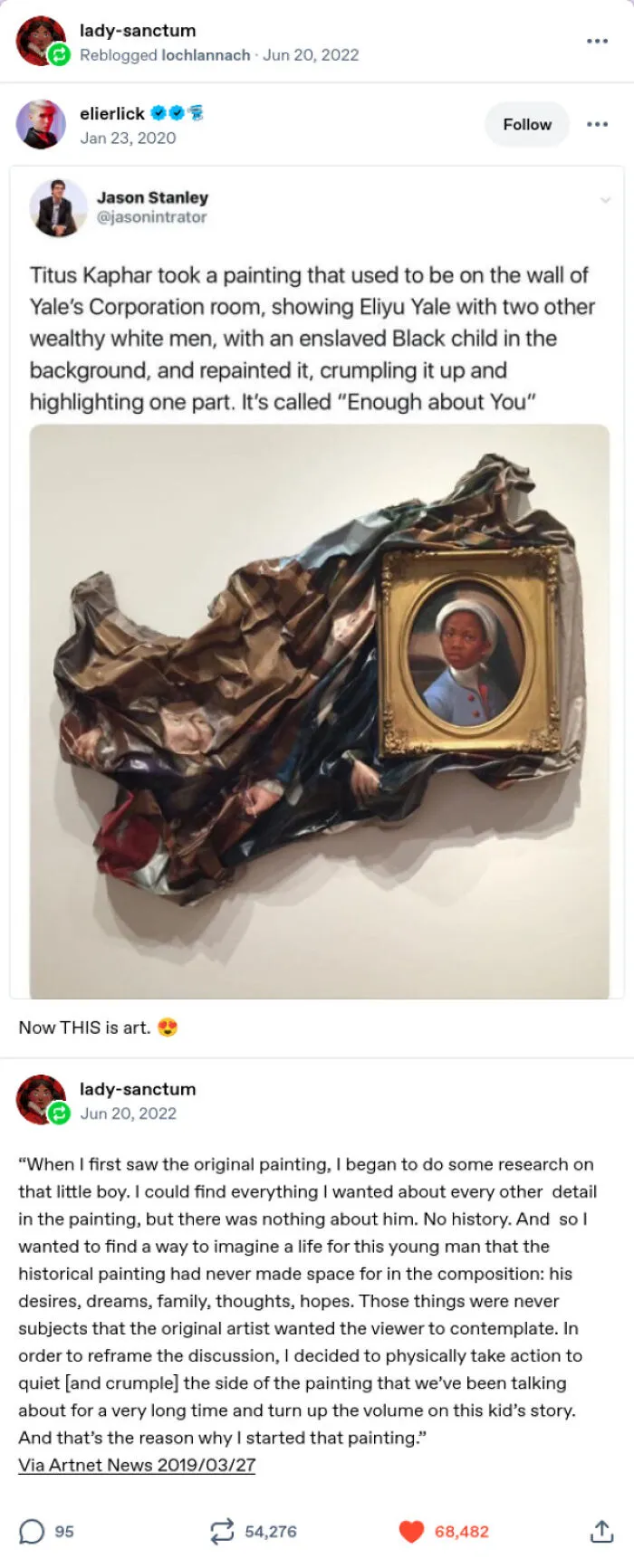 Tumblr posts showcasing Titus Kaphar modern painting art transformation featuring a Black child.