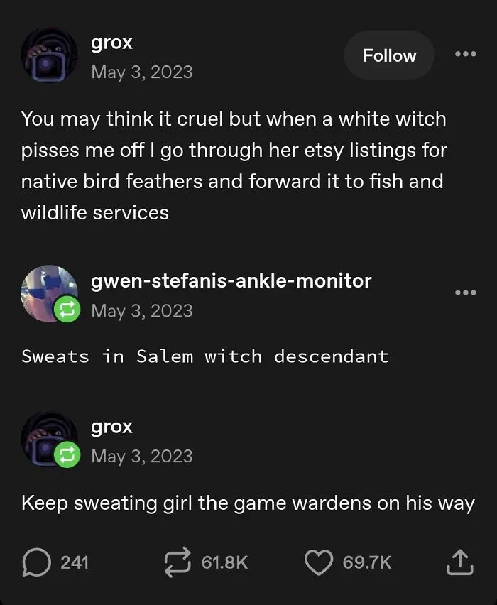 Tumblr posts about reporting white witches selling native bird feathers to game wardens.