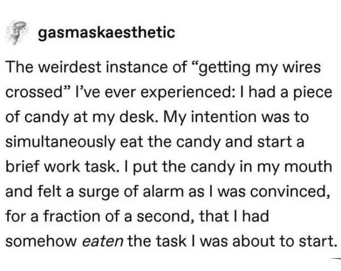 A funny light mode screenshot showcasing weird Tumblr posts about getting wires crossed while working.