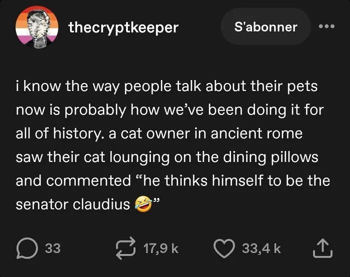 A humorous screenshot illustrating clever Tumblr posts about historical cat owners.