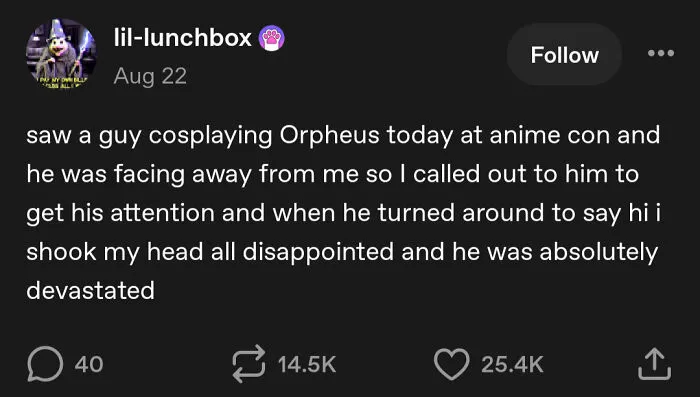A funny text post showing one of many chaotic Tumblr posts about an Orpheus cosplay prank.