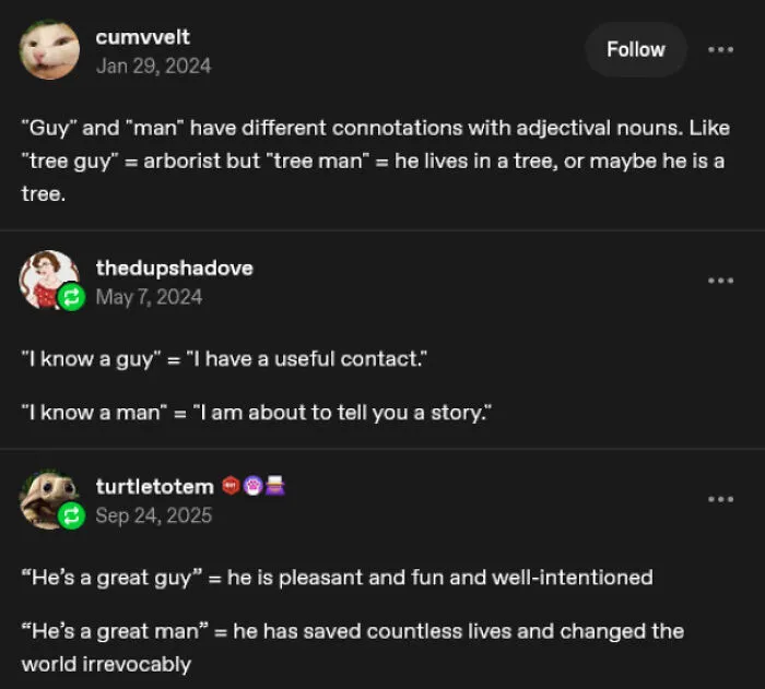 Screenshot of a Tumblr post discussing linguistic differences between guy and man.