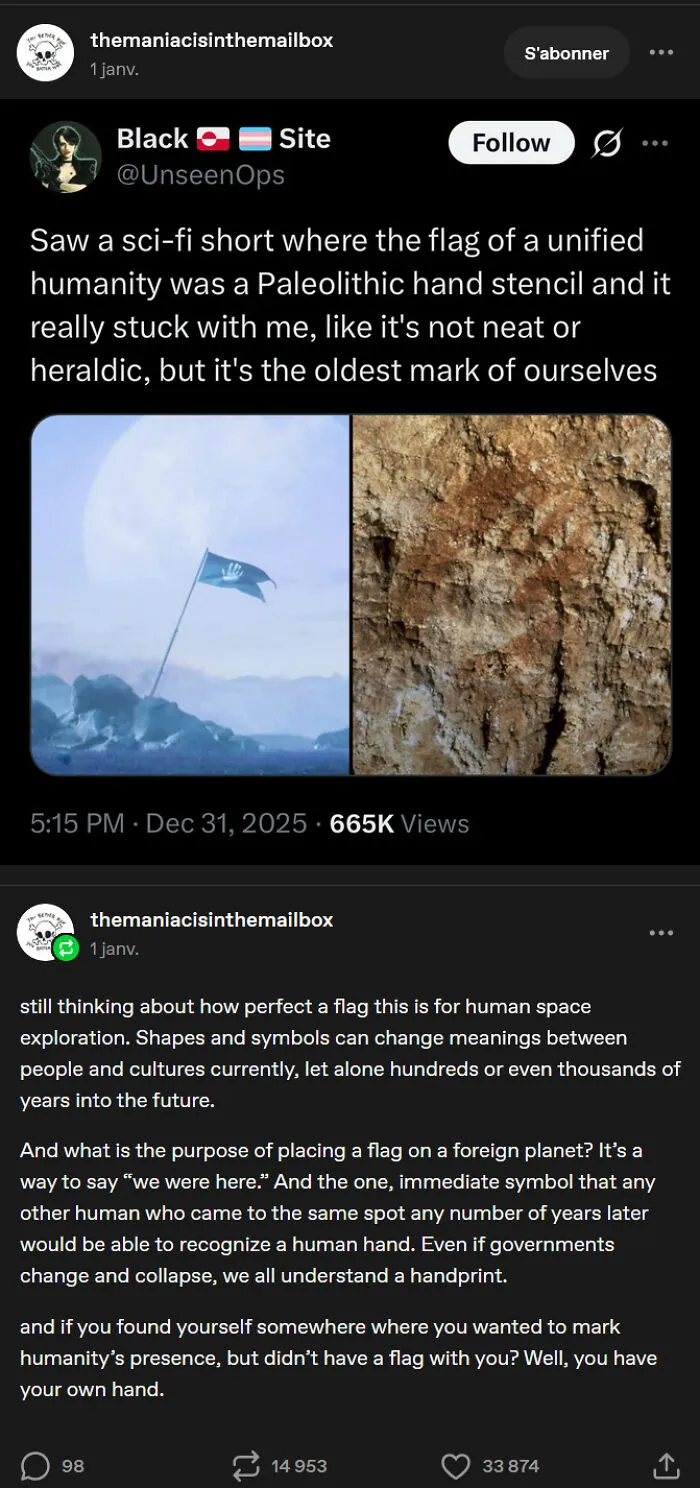Tumblr posts discussing deep sci-fi flag concepts representing humanity.