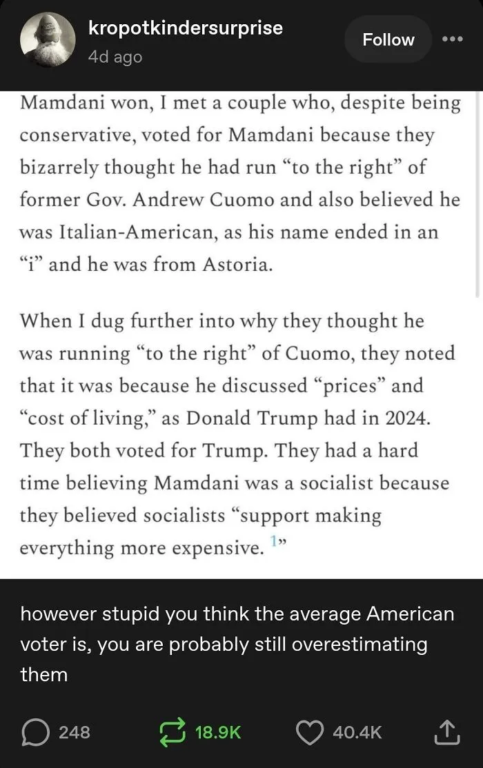 Tumblr post discussing funny political misunderstandings among voters in a viral text screenshot.
