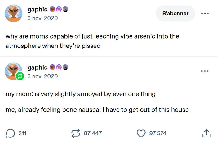 Tumblr post discussing the relatable concept of moms leeching bad vibes into the house.